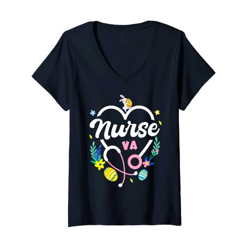 Happy Easter Day - Easter Nurses Week Nurse Life Womens Easter VA Nurse Bunny Easter Egg Stethoscope VA Nurse V-Neck T-Shirt