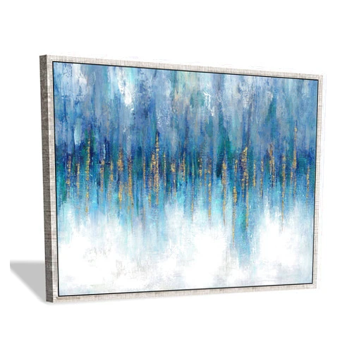Hardy Gallery Blue Abstract Art Canvas Painting: Hand Painted Heavy Textured Gold Foils Champagne Wall Art Framed for Walls (45'' x 30'' x 1 Panel)