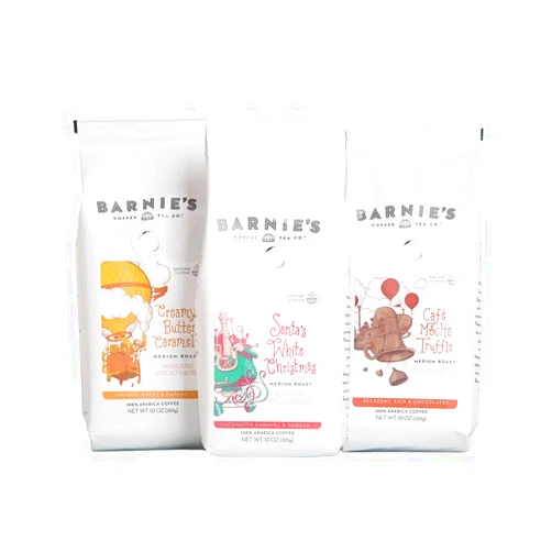BARNIE'S COFFEE TEA CO. Barnie's Coffee & Tea Original Premium Flavors Ground Coffee Trio, Santa's White Christmas, Creamy Buttery Caramel, Café Mocha Truffle, Medium Roast, Arabica Coffee, Three 10 oz Bags