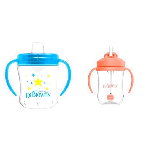Dr. Brown's Transition Sippy Cup with Soft Spout - Blue - 6oz - 6m+ & Milestones Baby’s First Straw Cup, Training Cup with Weighted Straw, Coral, 6m+