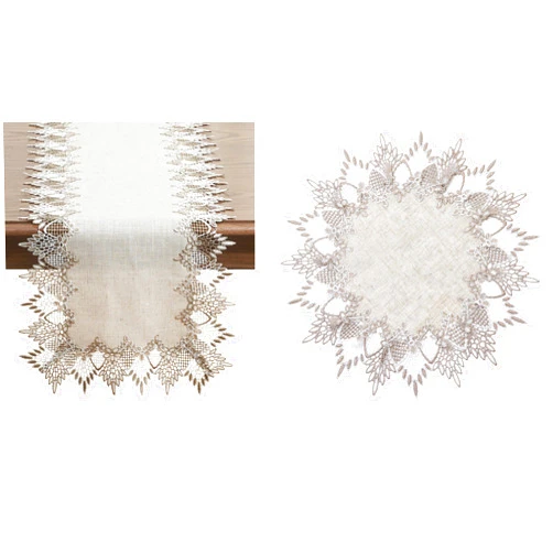 Raedan Natural Neutral Earth Tones Beige Lace Linen Table Runner 72 inches and Doily 15 Round Table Topper Dresser Scarf Place Mats