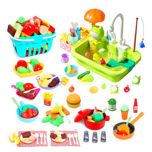 CUTE STONE Play Sink with Running Water, Kitchen Sink Toys with Upgraded Electric Faucet, Kids Pots and Pans Set with Play Food and Storage Basket, Learning Kitchen Toy Gift for Girl Boy