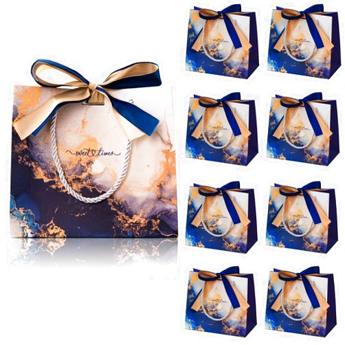 DECHISY 18Pack Gift Bags Medium Size,9.8 * 4.7 * 7.8 Inch Gift Bags with Handles,Marble Gift Bag with Bow Ribbon,Gift Bag for Party Favors,Wedding,Christmas,Valentine's Day,Birthday (Blue)