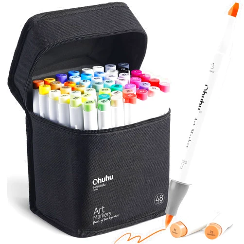 Ohuhu Alcohol Markers Brush Tip: 48-Color Double Tipped Art Marker Set for Artist Adults Coloring Illustrations -Honolulu -Brush & Chisel -Refillable