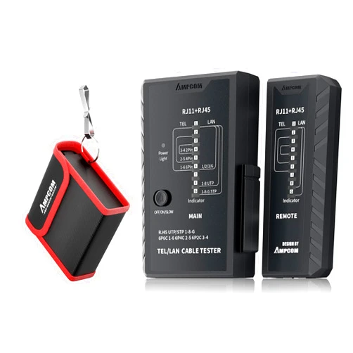 AMPCOM Network Cable Tester RJ45 for LAN & TEL Continuity of RJ45/11/12 CAT5E CAT6 CAT7 UTP & STP Shielded Ethernet Wires Test Tool - W/Carrying Bag - Black