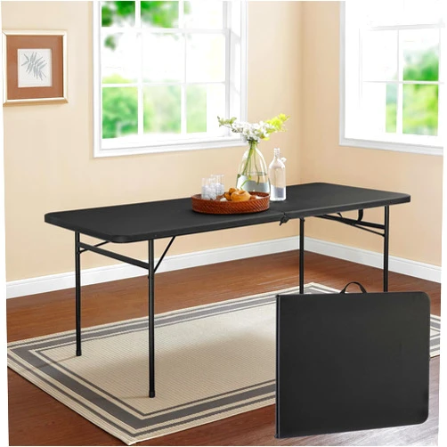LENVOD 6-Foot Height Adjustable Bi-Fold Plastic Folding Table with Carrying Handle, Black/Grey Fold in Half Plastic Dining Table for Party Picnic Dining Camp Beach Outdoor Indoor (Black)