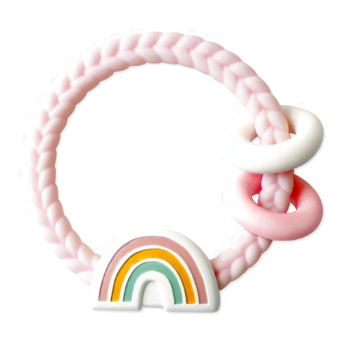 Itzy Ritzy Silicone Teether with Rattle; Rattle Teether Features Rattle Sound, Two Silicone Teething Rings and Raised Texture to Soothe Gums; Ages 3 Months and Up (Pink Rainbow)