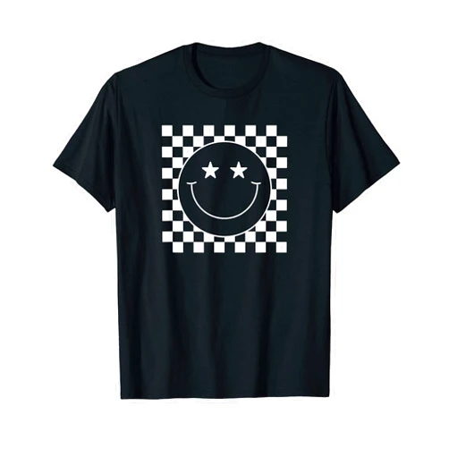Cute 80s Smile Happy Tee White Checkered Star Eyes Smile Face Shirt Happy Face 90s T-Shirt