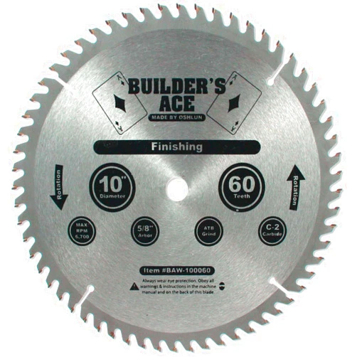Oshlun BAW-100060 10-Inch 60 Tooth Builder's Ace Finishing ATB Saw Blade with 5/8-Inch Arbor