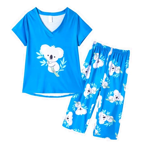 YIJIU Women Soft Comfy Pajamas Cute Cat Short Sleeve Capri Pants PJS Set
