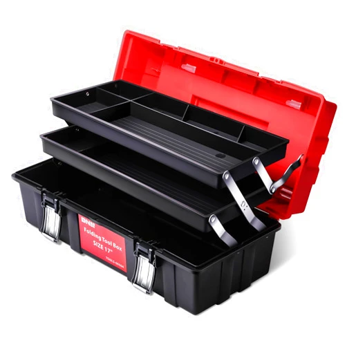 DNA MOTORING 3-Layer Lockable Tool Box Plastic Portable Storage Folding Toolbox Tray Divider Tool Organizers, W/Handle, Red/Black, TOOLS-00504