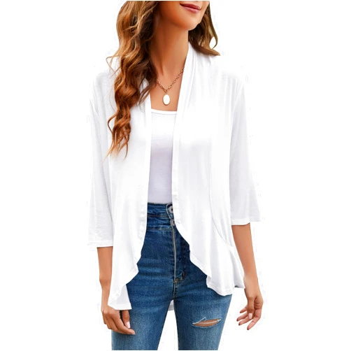 Yekaty Women Cardigan 3/4 Sleeves Open Front Lightweight Cardigan Draped Ruffles Knit Cardigan