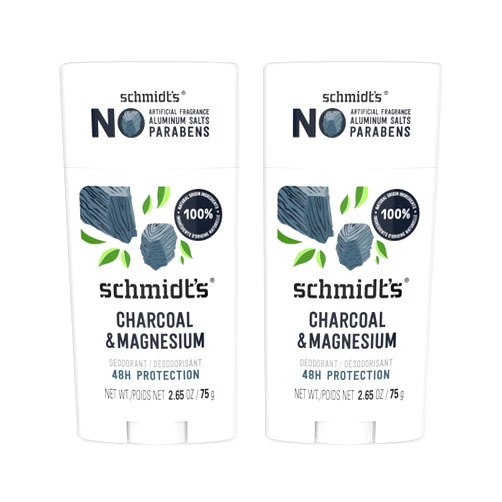 Schmidt's Aluminum-Free Vegan Deodorant Charcoal & Magnesium with 48 Hour Odor Protection, 2 Count for Women and Men, Natural Ingredients, Cruelty-Free, 2.65 oz, Pack of 2