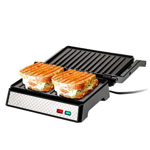 OVENTE Electric Indoor Panini Press Grill and Sandwich Maker with Non-Stick Coated Plates, Cool-Touch Handle and Removable Drip Tray, Opens 180 Degrees to Fit Any Type or Size of Food, Silver GP0540BR