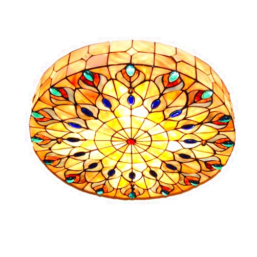 Fandian Vintage Tiffany Ceiling Light Hand-made Colorful Chandelier Flush Mount Lighting Fixture, Lampshade with Colorful Design Decor (20 Inch)