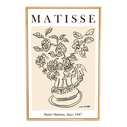 Zzuyi Henri Matisse Framed Wall Art,Flower Abstract Minimalist Black and Beige Vintage Canvas Painting,Boho Flower Art Prints-12''x16''Natural Framed