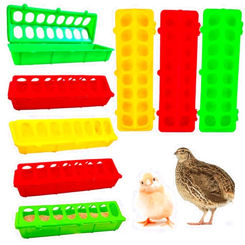 VZqola 8 Pack Plastic Flip Top Chick Feeders Chicken Feeding Tray Poultry Quail Feeder Drinkder with Hole Trough Tool for Farm Chick Bird Pigeon Ducks Small Chick Grit FeeDuckling Feeder and Waterer Set