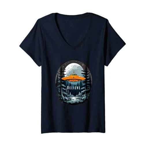 Visit The Alien UFO SCI FI Store Here Womens Alien UFO Orange Flaming Black Pyramid Graphic V-Neck T-Shirt