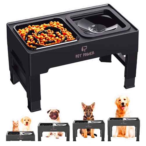 PET POWER Elevated Dog Bowls, 4 Adjustable Height Raised Dog Stand with No-Spill Water Bowl & Slow Feeder, Non-Slip Food & Water Bowls for Large, Medium, Small Dogs - Slow Feeder Dog Bowls Large Breed