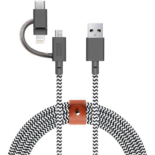 Native Union Belt Cable Universal - 6.5ft Ultra-Strong Reinforced [MFi Certified] Durable Charging Cable with 3-in-1 Adaptor for Lightning, USB-C and Micro-USB Devices (Zebra)
