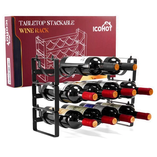 ICOHOT Stackable Wine Rack Countertop, Sturdy Wine Bottle Holder Freestanding for Cabinet, 3 Tier Small Tabletop Wine Holder Stand for Pantry Bar, Wire Wine Bottle Rack Metal Wine Storage Organizers