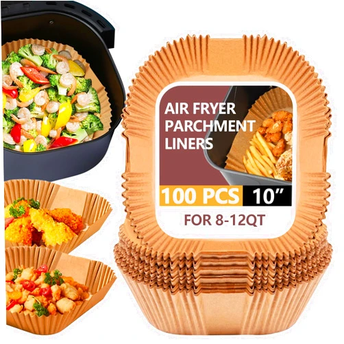 UBeesize 10 Inch Air Fryer Paper Liners,100 PCS Parchment Paper, Air Fryer Disposable Paper Liner for Microwave, Non-Stick Air Fryer Liners Square Free of Bleach（Bottom size 9 Inch）