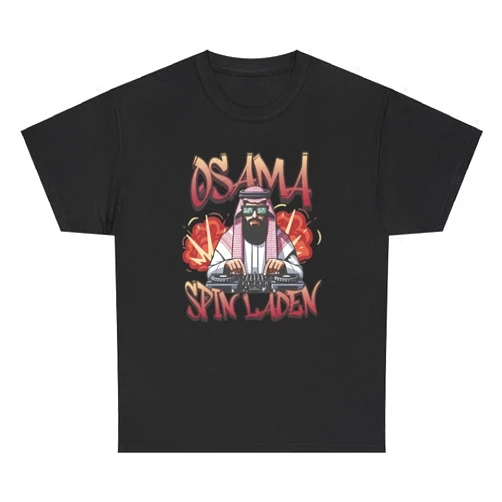 Varsity Mart Osama Spin Laden T Shirt Funny Osama Bin Cursed DJ Music Meme Offensive Gen Z Humor Gag Gift Tee