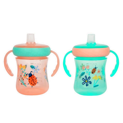 The First Years - Soft Spout Sippy Cup - Toddler Trainer Cup for 6+ Months -with Handles and Leak Proof Lid - 7 Oz - Floral Ladybug Print - 2 Count