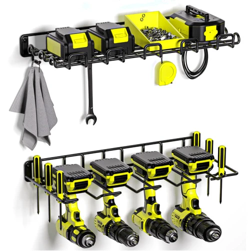 Amoowis Power Tool Organizer, Drill Holder Max 50lb load & Assembly-free by Heavy Duty Metal, 4 Slots 2 Shelves for Cordless Drill Organizer in Garage/Workshop/Pegboard/Shed Suitable for Father's Day
