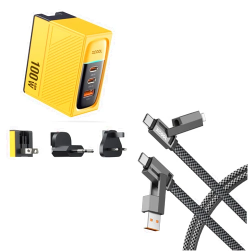 XCOOL Bundle with 4-in-1 USB-C Cable Gray (3FT) and 3-Port 100W USB-C GaN Charger