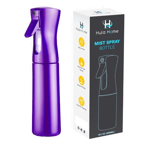 Hula Home Continuous Spray Bottle for Hair (10.1oz/300ml) Empty Ultra Fine Plastic Water Mist Sprayer – For Hairstyling, Cleaning, Salons, Plants, Essential Oil Scents & More - Purple