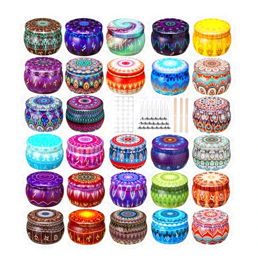 Arxinor 28 PCS 28 Patterns Empty Candle Tins Candle Jars for Candle Making with Wicks, Wick Holders& Stickers (2.5OZ)