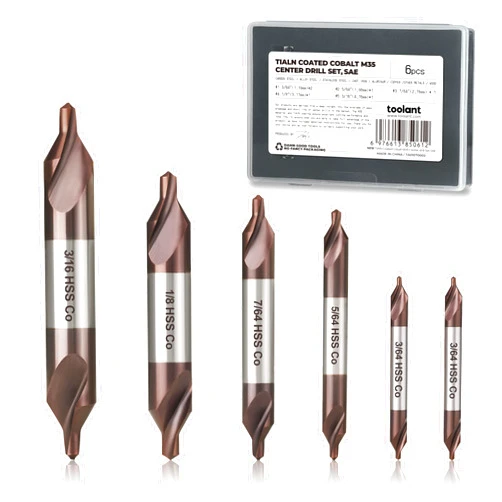 toolant Center Drill Bit Set, TiAlN Coated Cobalt M35 HSS Centering Drill Bit for Stainless Steel, Carbon Steel, Alloy Steel, Cast Iron, Copper, Other Hard Metals, #1-5, SAE 3/64
