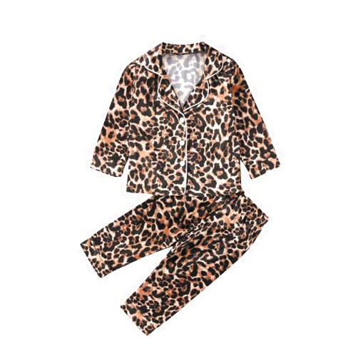 TiendaDeLage Toddler Baby Girl Satin Silk 2 Piece Long Sleve Collared Button Down Shirts and Pants Casual Loungwear Cute Clothes (Long Sleeve Leopard,3-4T)