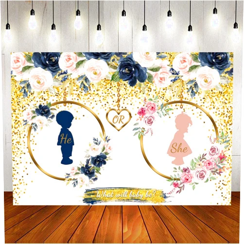 OFILA Gender Reveal Backdrop 7x5ft Navy and Blush He or She What Will Baby Be Gender Reveal Backdrop Boy or Girl Pregnancy Reveal Photography Background Baby Shower Backdrop Cake Table Decor