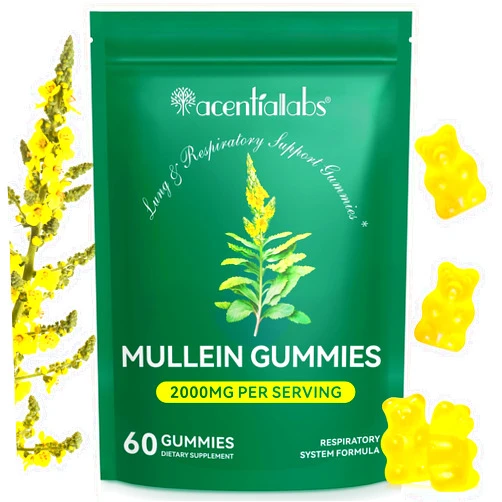 flasture Mullein Gummies for Lungs & Sinus Relief, 2000mg Mullein Leaf Extract, Natural Lung Cleanse Supplement for Smokers, Supports Respiratory, Immune & Mucus Relief – 60 Chewable Gummies