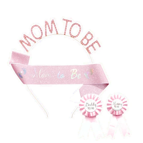 HEZEB Baby Shower Celebration Kit with Mom to Be Crown Headband Glittery Sash Mom and Dad to Be Badges Pink Theme for Showers Gender Reveals Maternity Photos