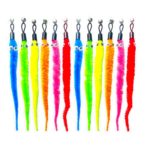 ZeyZoo 12 Pack Cat Worm Toys Refills, Interactive Cat Toys Wand Attachments with Bells, Cat Feather Toy Replacement, Worm Cat Toy Attachment for Cat Wand, Cat Accessories for Bored Indoor Cats Kitten