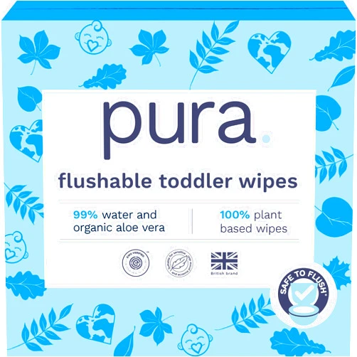 Pura Flushable Toddler Wipes 10 x 60 Wipes (600 Wipes), 100% Plastic Free, 99% Water, Hypoallergenic & Fragrance Free, Totally Chlorine Free, Kids Toilet Wipes, Sensitive Skin