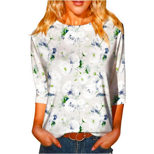 DMOYALA Women's 3/4 Sleeve Tops Dressy Casual Crewneck Tshirts 2026 Spring Fashion Graphic Boho Floral Shits Baggy Tunic