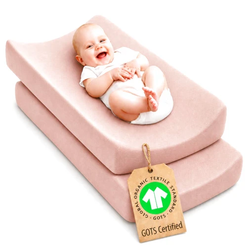 Bunnyjik Plush Organic Changing Pad Covers Boy, Girl - GOTS 100% Certified Organic Cotton Changing Table Pad Cover, Baby Nursery Diaper Changing Pad Sheets,Table Contour Pads Cover (Dusty Rose + Dusty Rose)