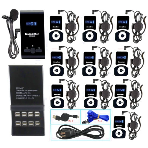 EXMAX® EX-100 Wireless Tour Guide System Microphone Earphone Assisted Listening for Church Translation Private Silent Conference Travel City Tour (1 Transmitter 10 Receivers 16-port USB Charging Base)