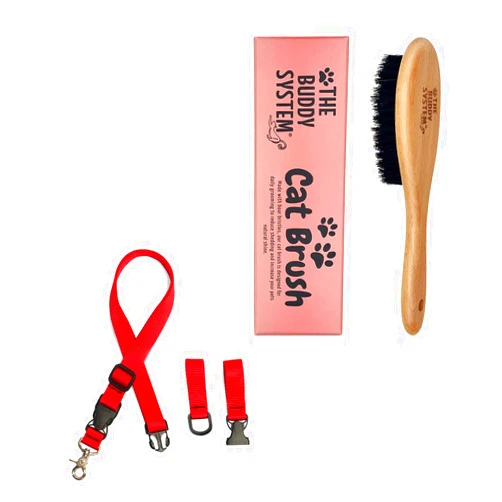 The Buddy System Hands Free Dog Leash Extra Buddy (Regular Dog, Red) for Running, Jogging, Walking, Hiking and Training Service Dogs and Cat Brush with Boar Bristle and Wooden Handle