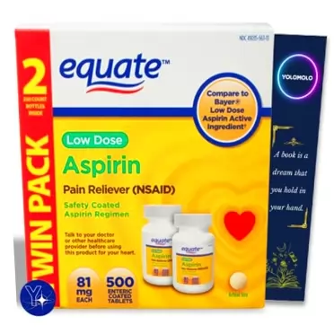 YOLOMOLO Equate Adult Low Dose Aspirin Safety Coated Tablets, 81 mg, 500 Count, 2 Pack and Bookmark Gift of YOLOMOLO