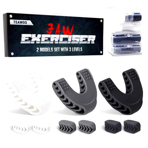 TEAWOO 9PCS Jaw Exerciser for Men & Women, 2 Model Set with 3 Resistance Levels Silicone Jaw Toner for Beginner, Intermediate & Advanced Users, Jawline Exerciser (White/Grey/Black)