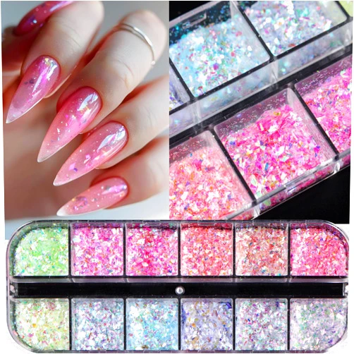 KEHKFSEF 12 Colors Mermaid Flake Nail Glitter Sequins, KEHKFSEF Iridescent Ice Slag Nail Glitter Irregular Colorful Mermaid Nail Flakes Confetti Stickers Chunky Glitter for Nails Face Make-Up Beauty Decoration