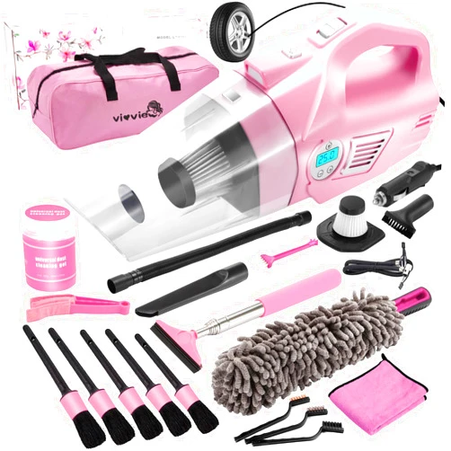 Vioview Pink Car Cleaning Kit, 21PCS Car Detailing Kit Interior Cleaner with 4-in-1 Handheld Car Vacuum Cleaner, Detailing Brush Set, Side Mirror Squeegee, Car Accessories for Cleaning, Gift for Women