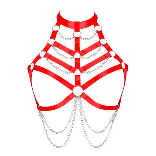 BANSSGOTH Women Plus Size Body Chain Punk Gothic Harness Bra Tops Cage Hollow Out Halter Belt Halloween Rave Clothing (Red)