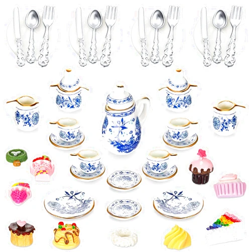 Zhanmai 41 Pieces 1:12 Scale Miniatures Dollhouse Kitchen Accessories 15 Porcelain Tea Cup 16 Mini Doll Plate Knife Fork Spoon 10 Miniature Decor Dessert Pastry Cake Table Decor for Cook Party (Retro Style)