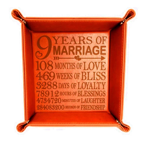 KATE POSH 9 Years of Marriage Engraved Leather Catchall Valet Tray, Our 9th Wedding Anniversary, 9 Years as Husband & Wife, Gifts for Her, for Him, for Couples (Rawhide)